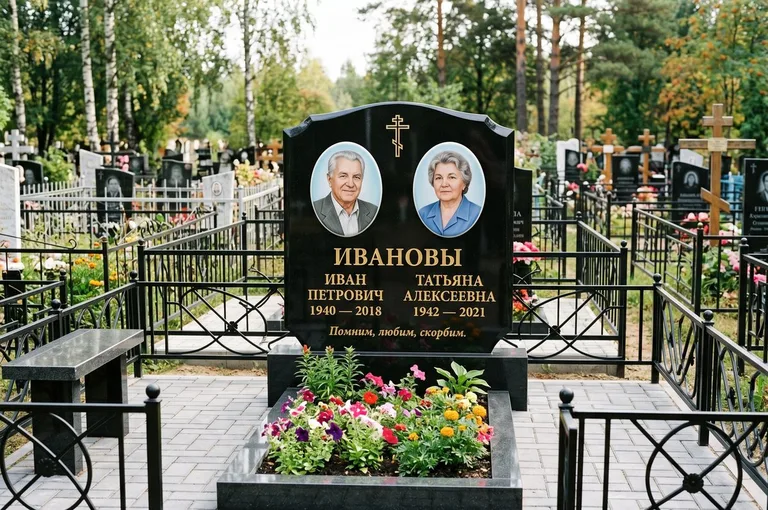 Установка памятника на бетонное основание с цоколем и цветником в Иркутске