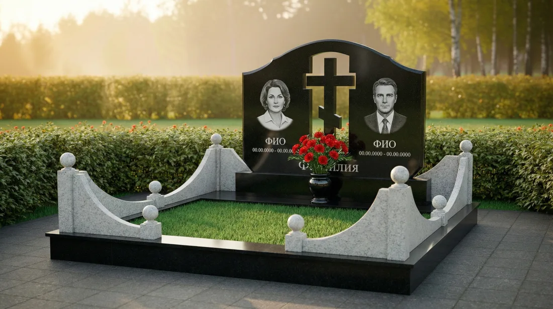 Памятник родителям из чёрного гранита, два портрета, гравировка собора, белые розы, крест Памятник родителям из чёрного гранита, два портрета, гравировка собора, белые розы, крест