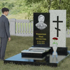 Вертикальный памятник с крестом из гранита и мрамора - П022