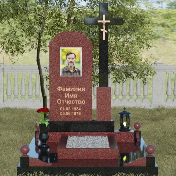Арочная стела с высоким крестом, гранит Лезниковский, вид 2