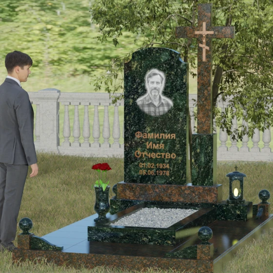 Арочная стела с высоким крестом, гранит Балтик грин, вид 4
