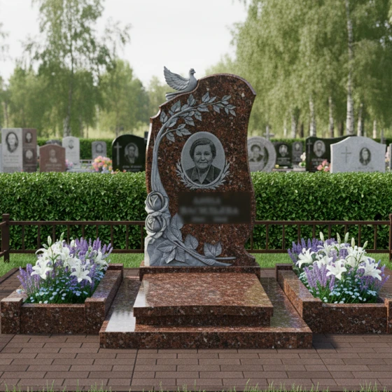 Гранитный памятник «Умиротворение» с голубем и розами, гранит Дымовский