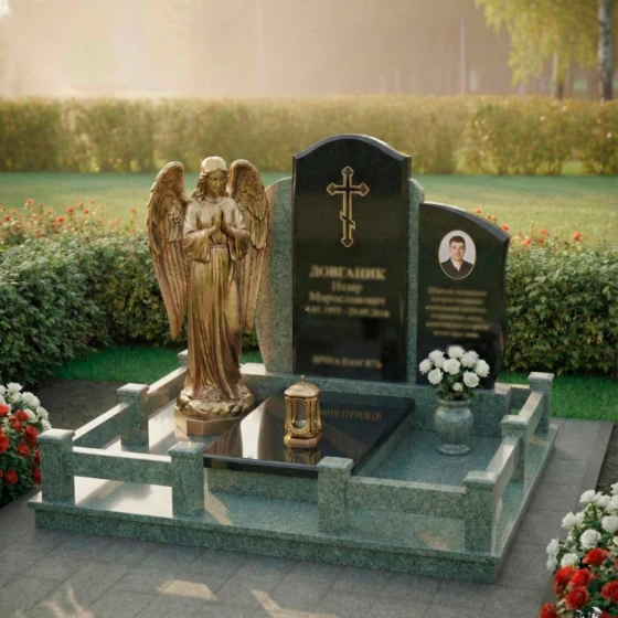 Вертикальный гранитный памятник с православным крестом, гранит Балтик грин