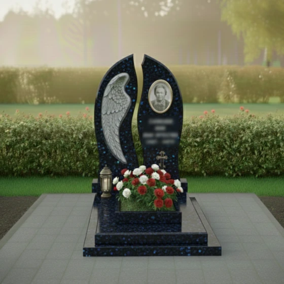 Памятник-стела с крылом ангела и овалом, гранит Блю Перл