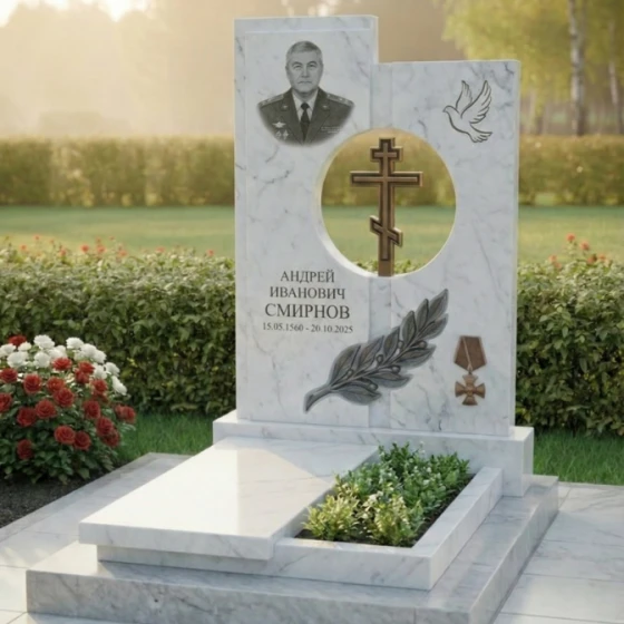 Гранитный памятник с круглым проемом и голубем, мрамор Тассос
