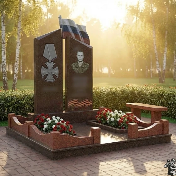 Гранитный монумент с флагом, медалью и лентами, гранит Дымовский
