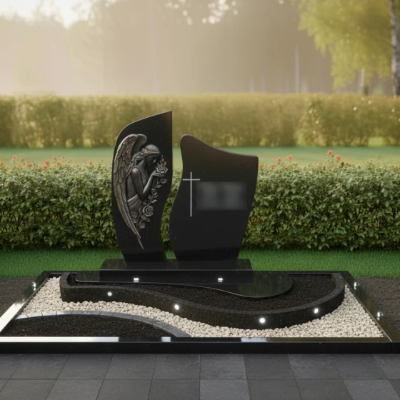 Православный мемориал с барельефом ангела, гранит Габбро-диабаз