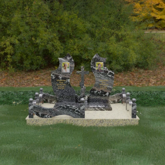Парное надгробие с православным крестом и стелами-крыльями, гранит амфиболит, вид 2