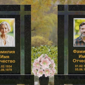 Вертикальный Гранит|Стекло памятник с крестом на двоих - П248