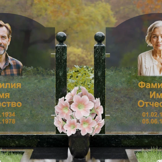 Горизонтальный памятник с арками и стеклом, гранит Балтик грин