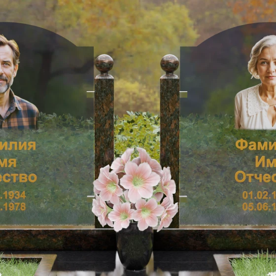 Горизонтальный памятник с арками и стеклом, гранит Дымовский