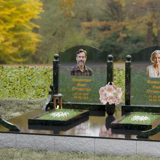 Горизонтальный памятник с арками и стеклом, гранит Балтик грин, вид 4