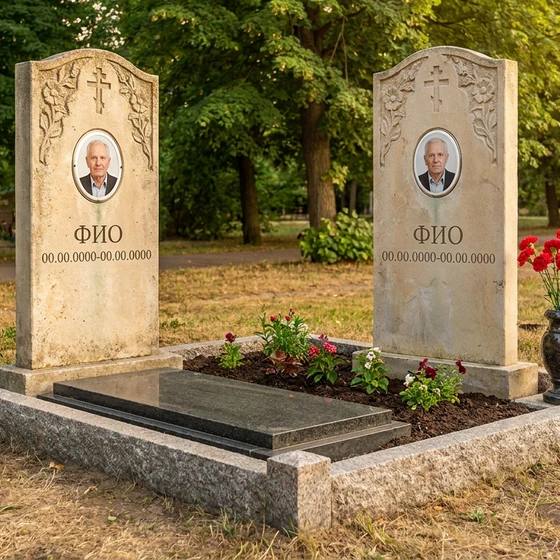 Памятник из светлого известняка арочной формы с цветами на двоих
