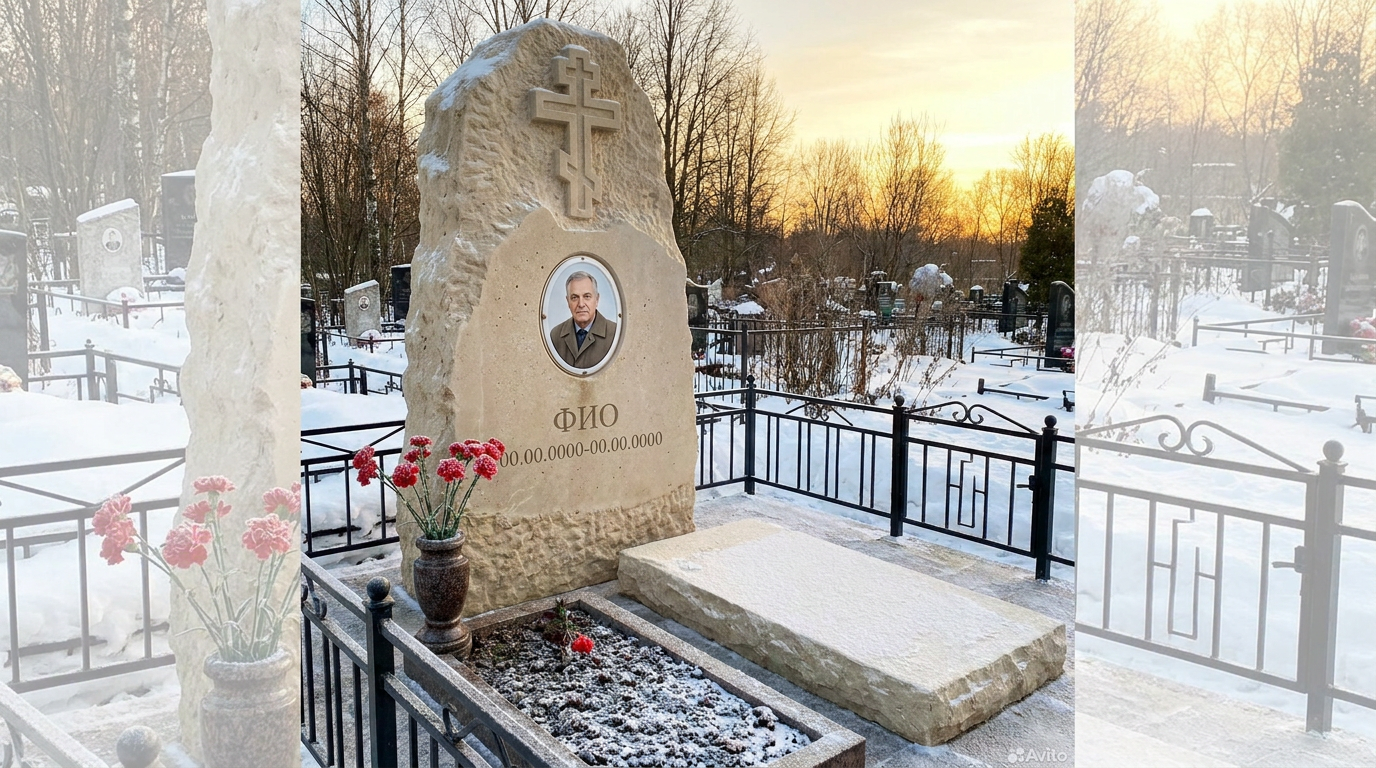 Пример дизайна: Памятник из светлого известняка в виде глыбы с крестом