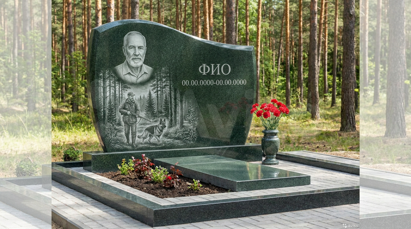 Пример дизайна: Гранитный памятник охотнику с арочным верхом с гравировкой оленя