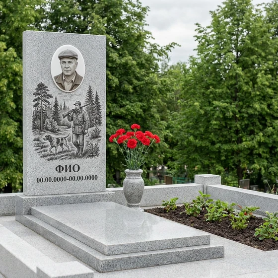 Гранитный памятник охотнику с кабаном