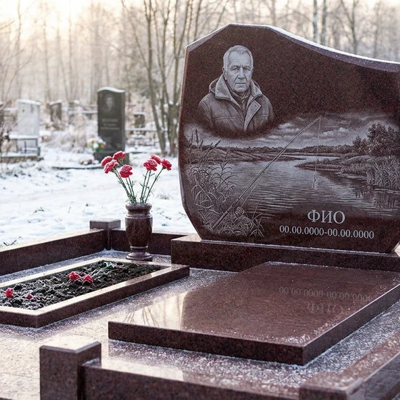Гранитный памятник рыбаку в форме скалы с речным сюжетом