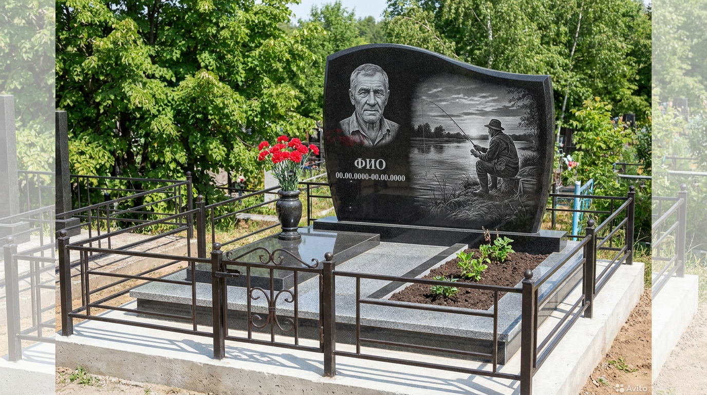 Пример дизайна: Гранитный памятник рыбаку арочной формы с рыбацкой лодкой