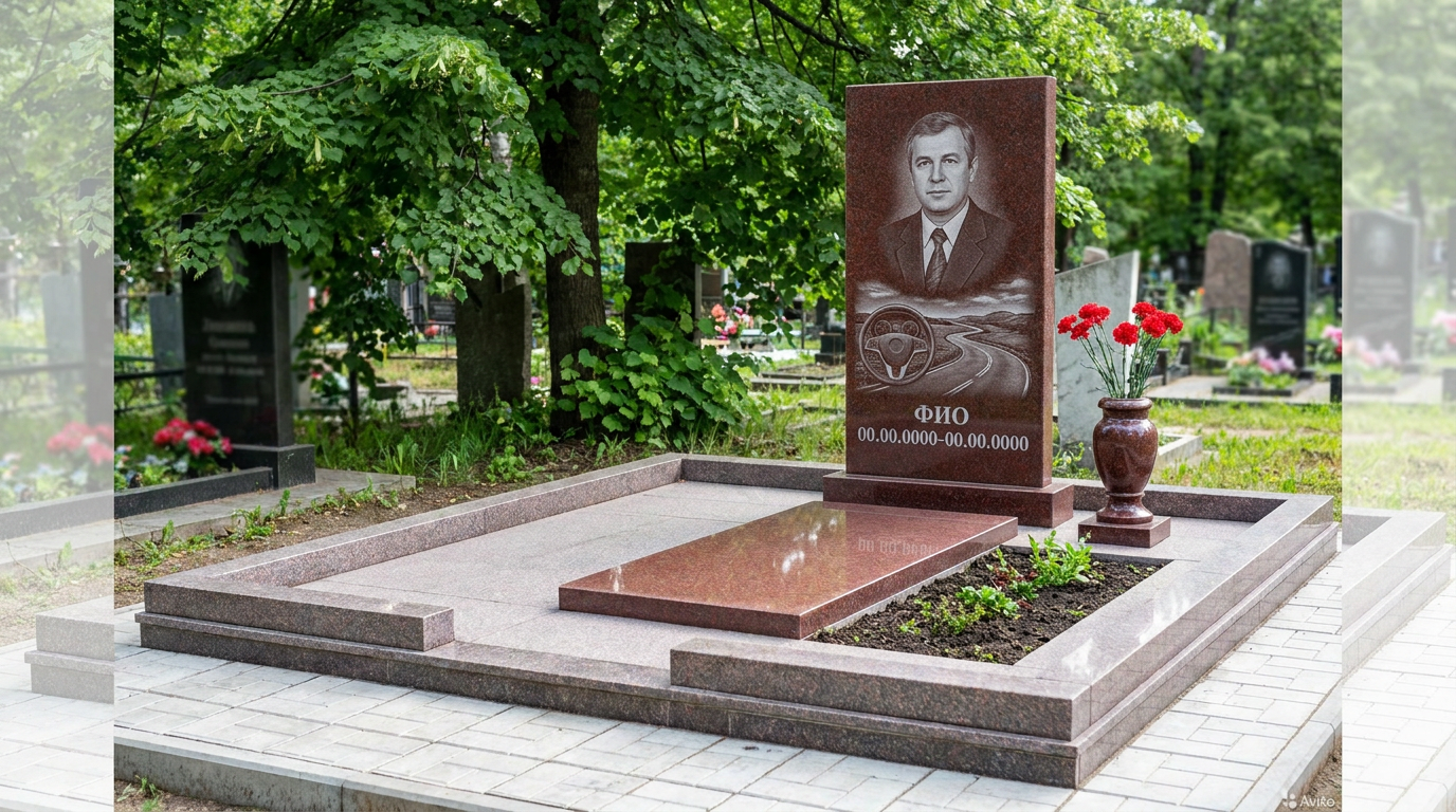 Пример дизайна: Гранитный памятник дальнобойщику с тягачом