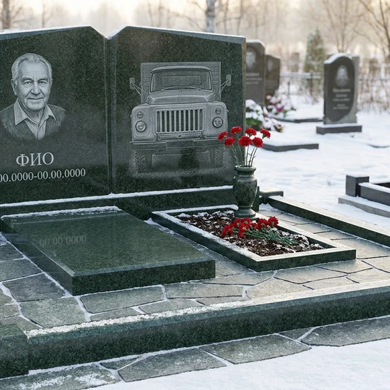 Гранитный памятник дальнобойщику с фактурой скалы с трассой