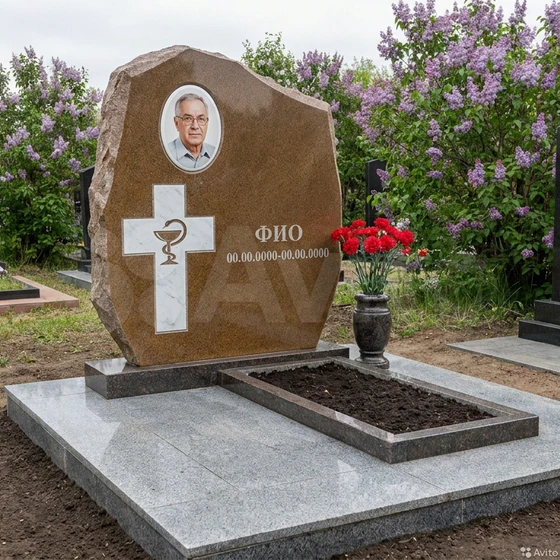 Гранитный памятник врачу в форме скалы с чашей и змеёй