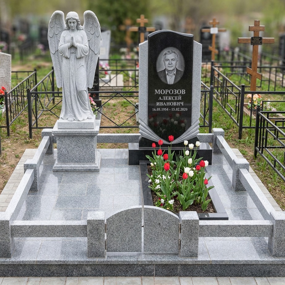 Пример дизайна: Памятник с ангелом из комбинированного гранита — фото и цена