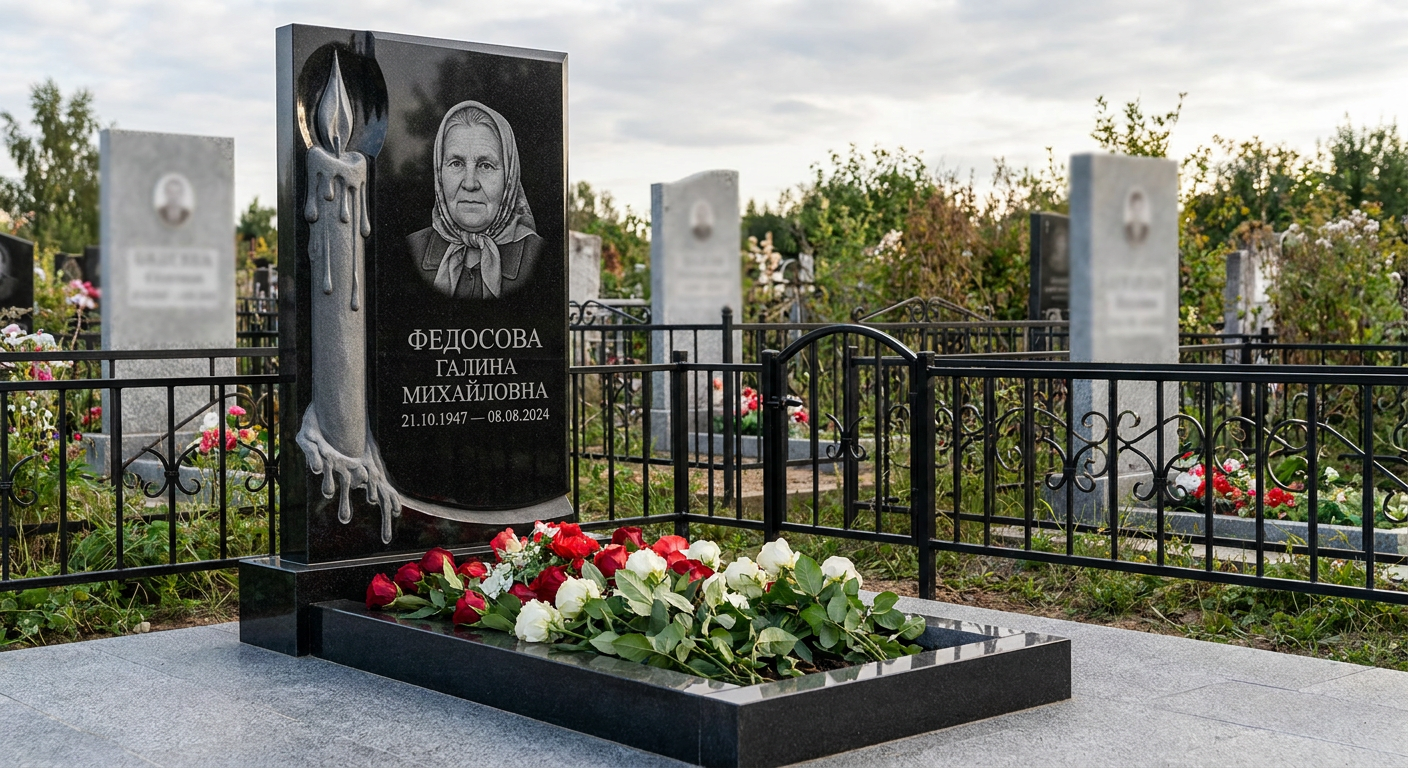 Пример дизайна: Мемориал с горящей свечой из черного габбро-диабаза