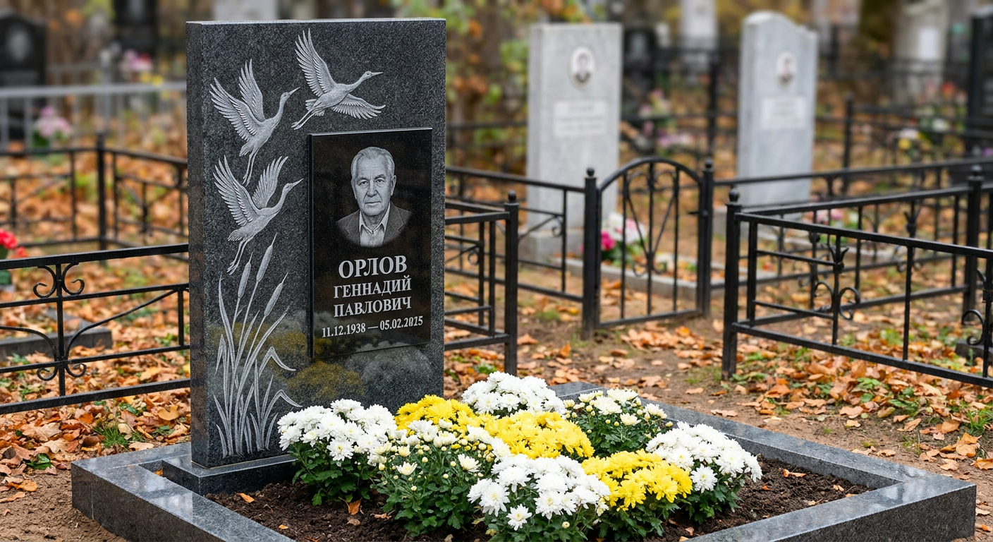 Пример дизайна: Мемориал с журавлями из серого гранита Мансуровский