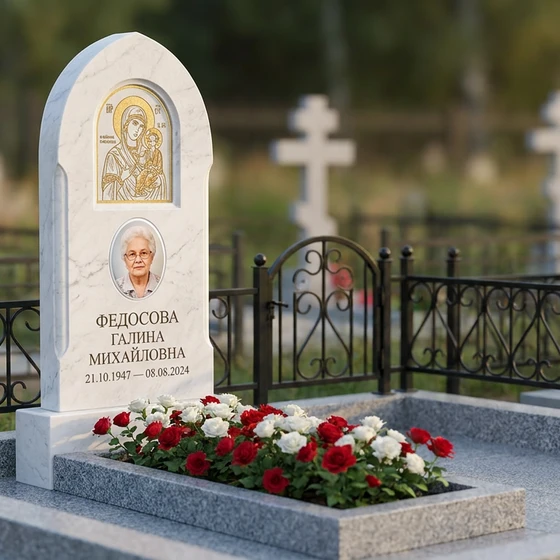 Мемориал с иконой Богородицы из белого мрамора