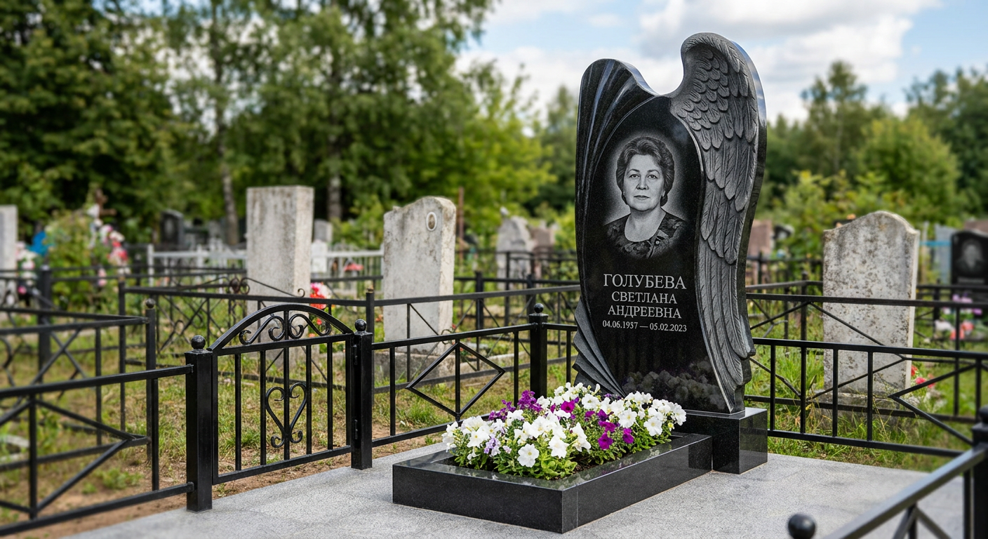 Пример дизайна: Памятник с крылом ангела из черного габбро-диабаза с портретом