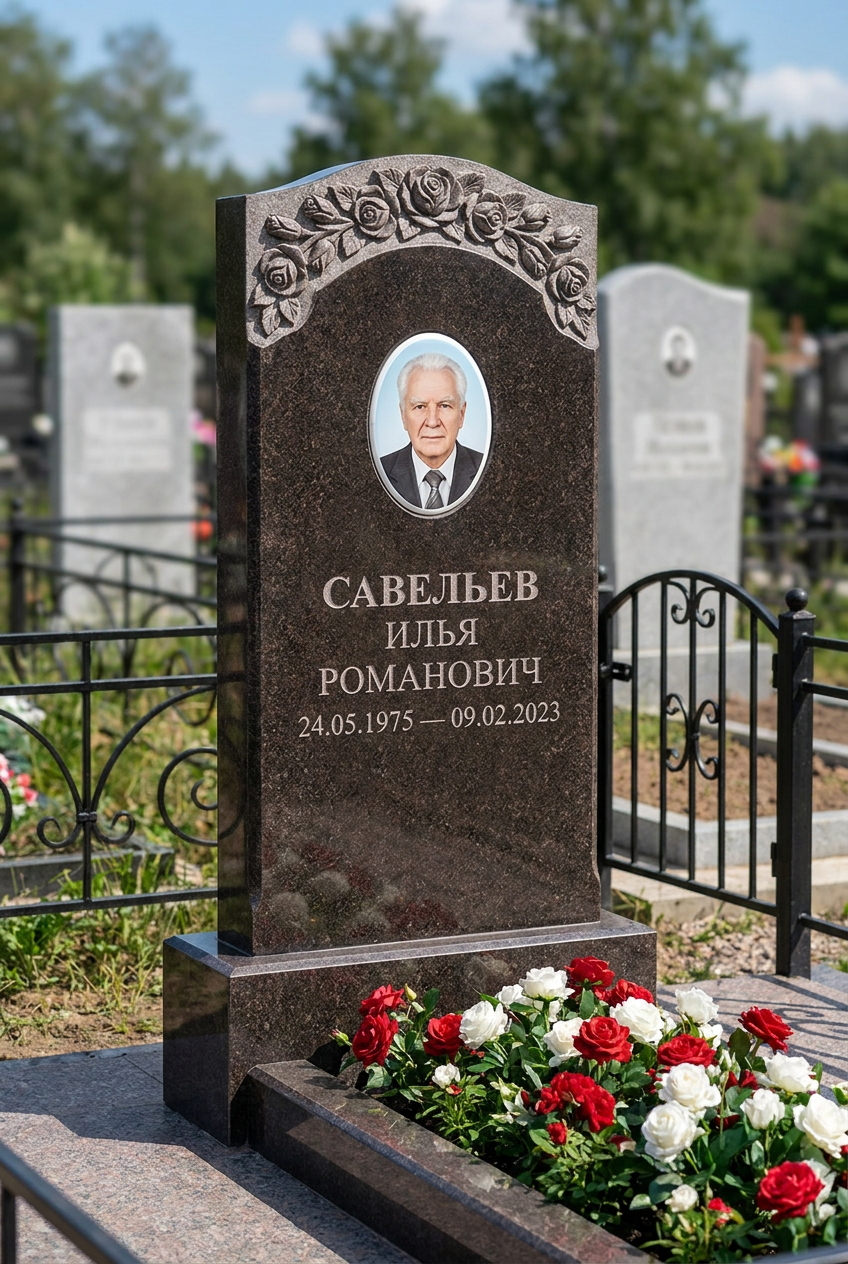 Пример дизайна: Памятник с гирляндой роз из дымовского гранита