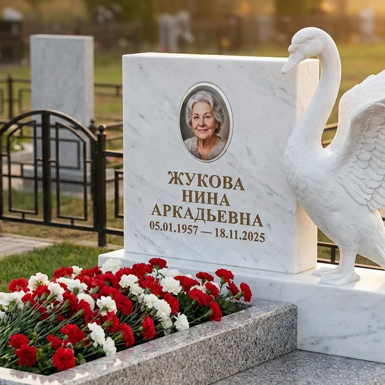 Памятник с лебедем из белого мрамора с распростертыми крыльями