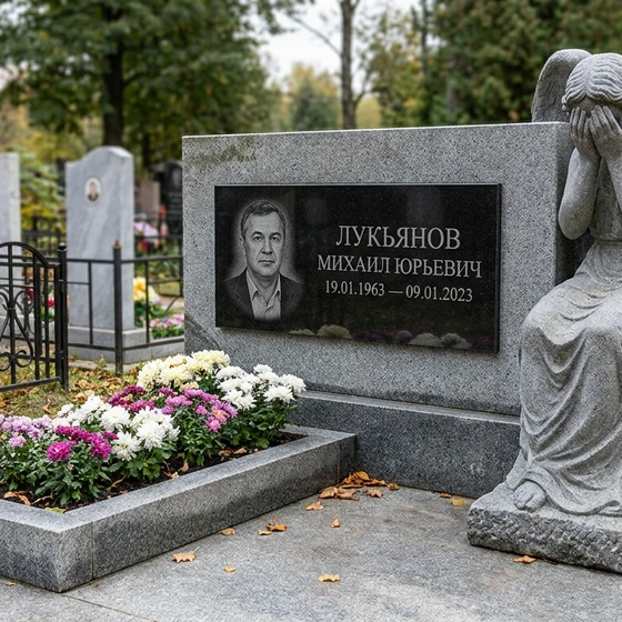 Памятник с коленопреклоненным ангелом из мансуровского гранита