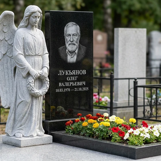 Памятник с ангелом из черного габбро-диабаза с крылом