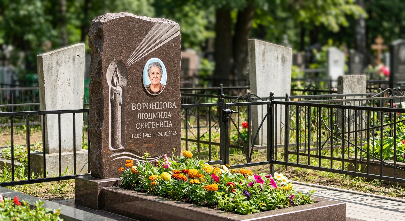 Пример дизайна: Памятник с резной свечой и лучом света из дымовского гранита