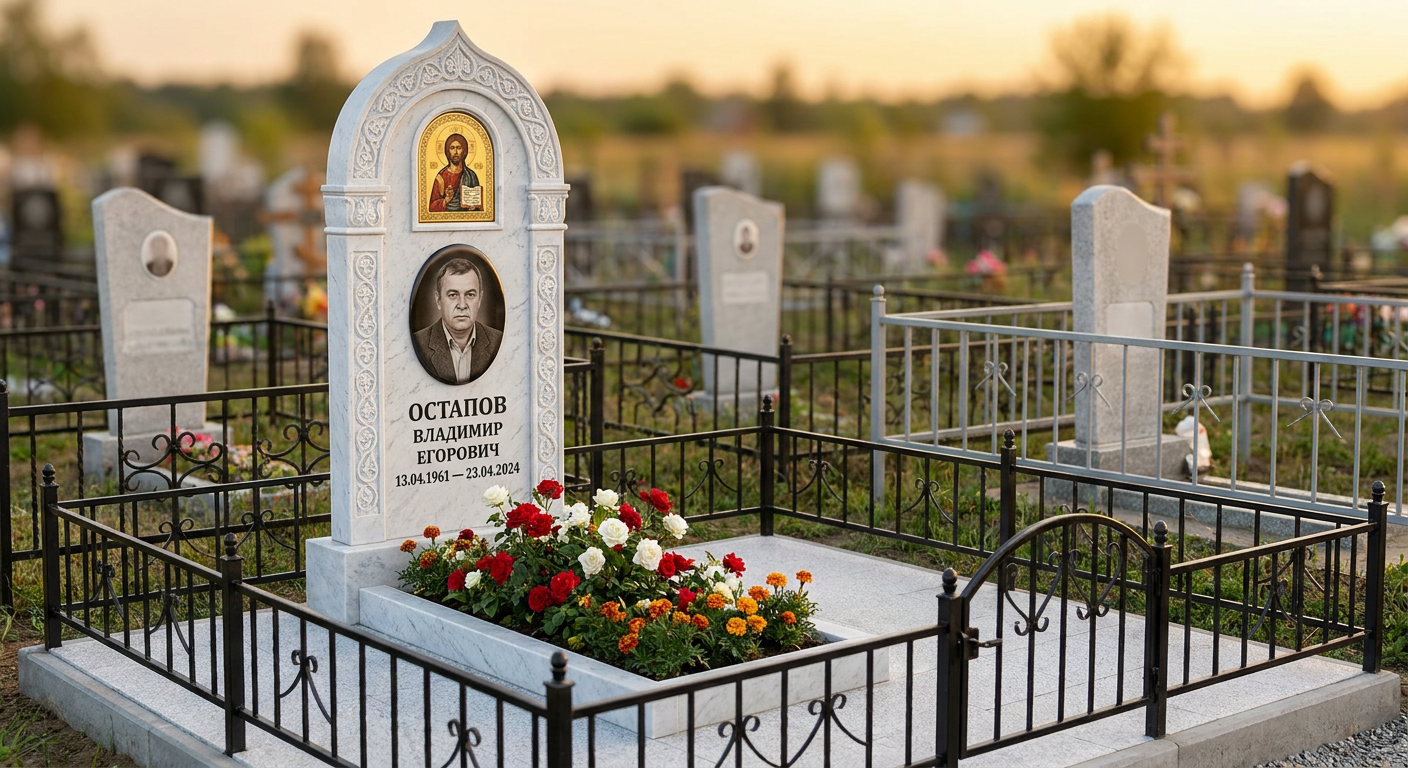 Пример дизайна: Памятник с иконой спасителя из белого мрамора с фотокерамикой