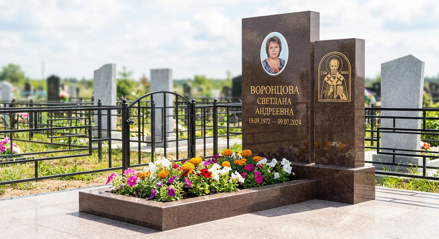 Пример дизайна: Памятник с иконой Николая Чудотворца из дымовского гранита с художественной резьбой