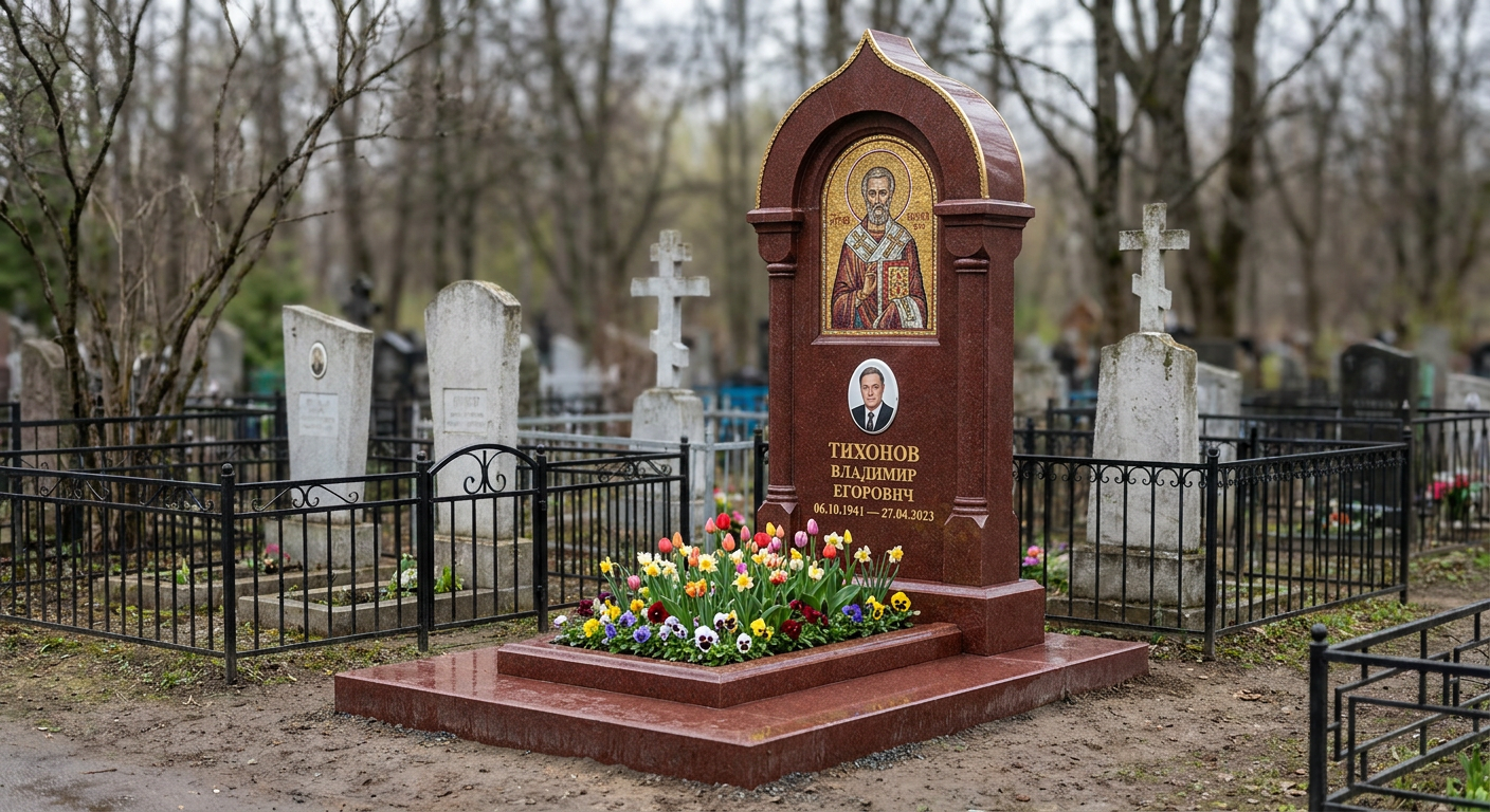 Пример дизайна: Памятник с мозаичной иконой из лезниковского гранита с овальной фотокерамикой