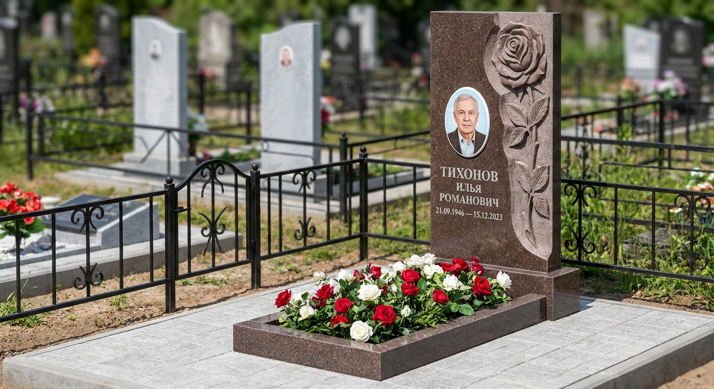 Пример дизайна: памятник с розой и портретом из дымовского гранита