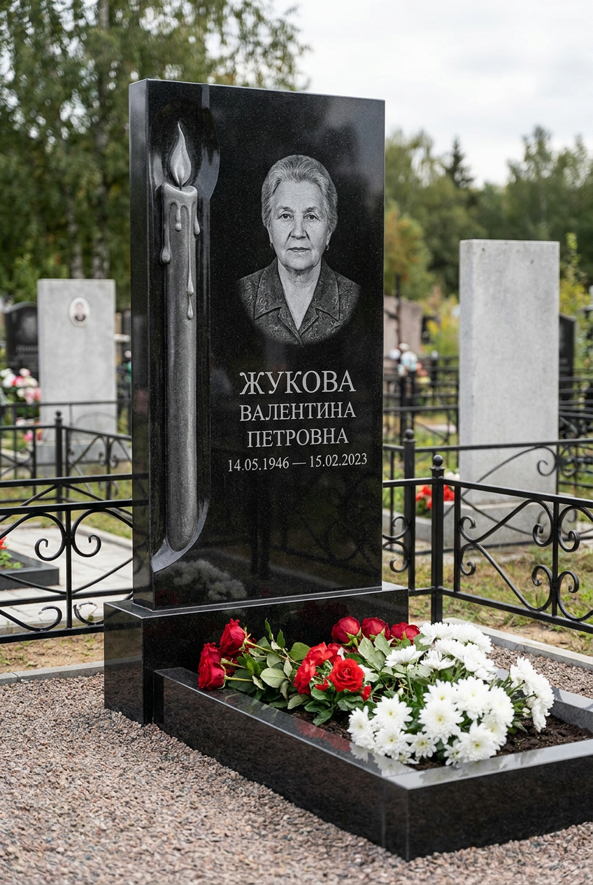 Пример дизайна: Памятник с пламенем свечи из габбро-диабаза с портретом