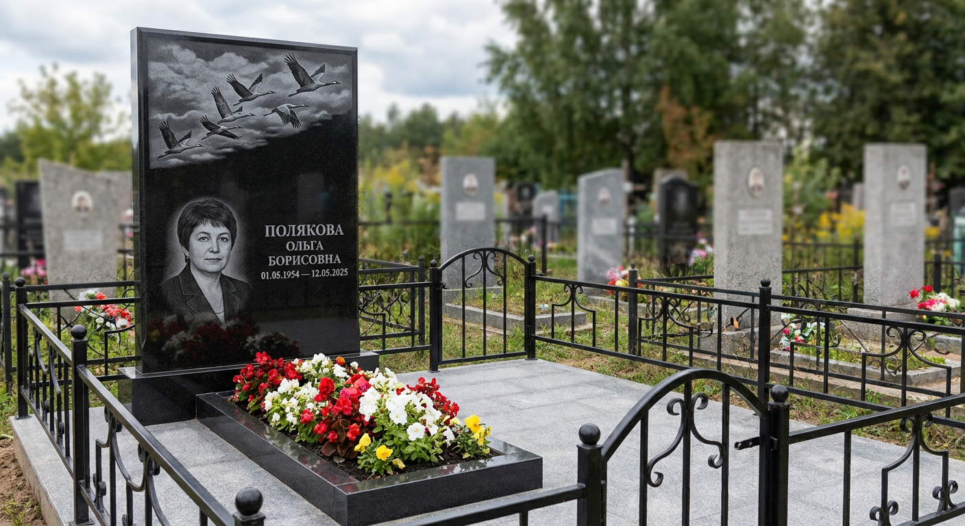 Пример дизайна: Памятник с журавлями из чёрного гранита габбро-диабаз с портретом