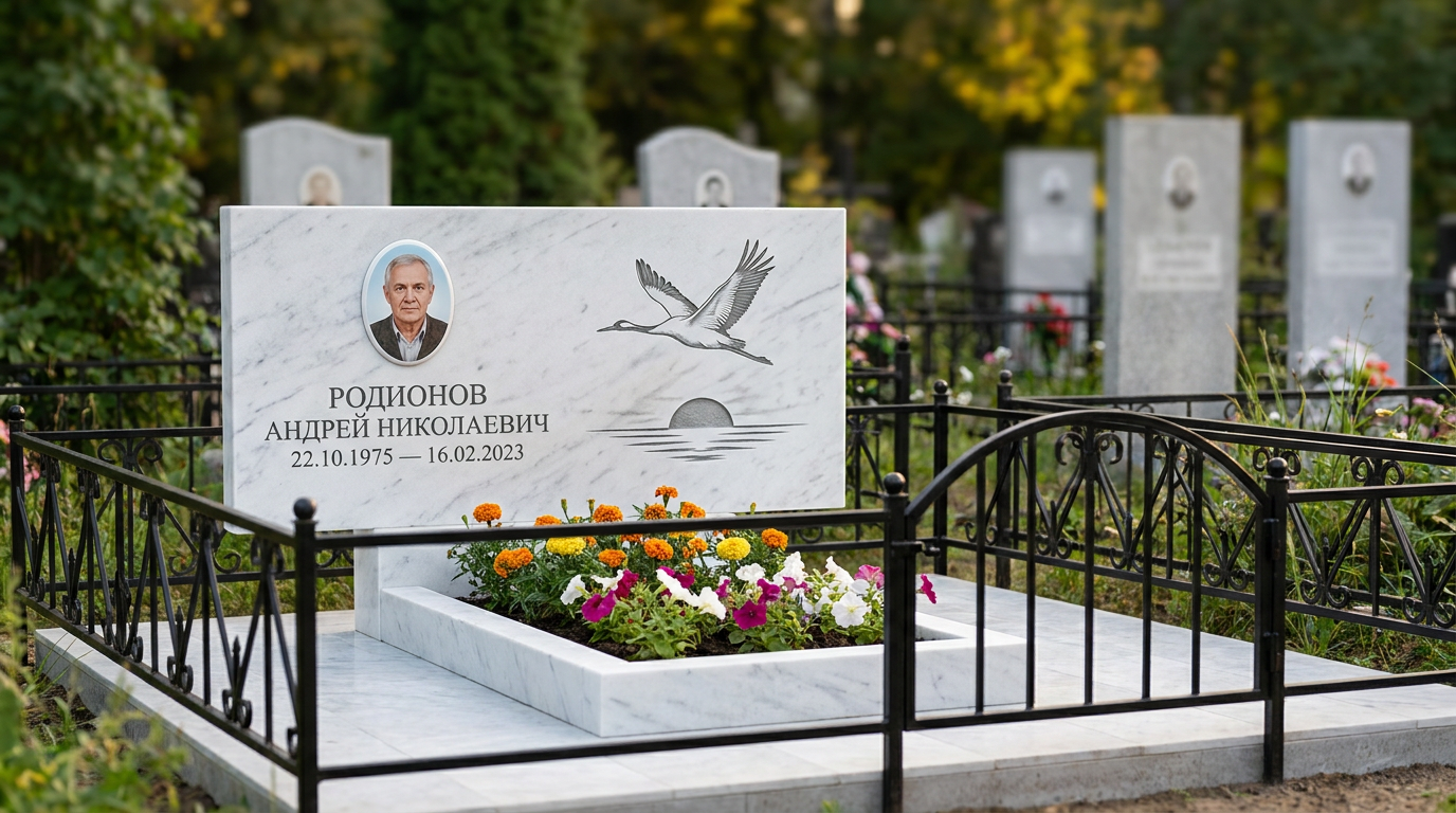 Пример дизайна: памятник с журавлиным клином из белого мрамора с портретом