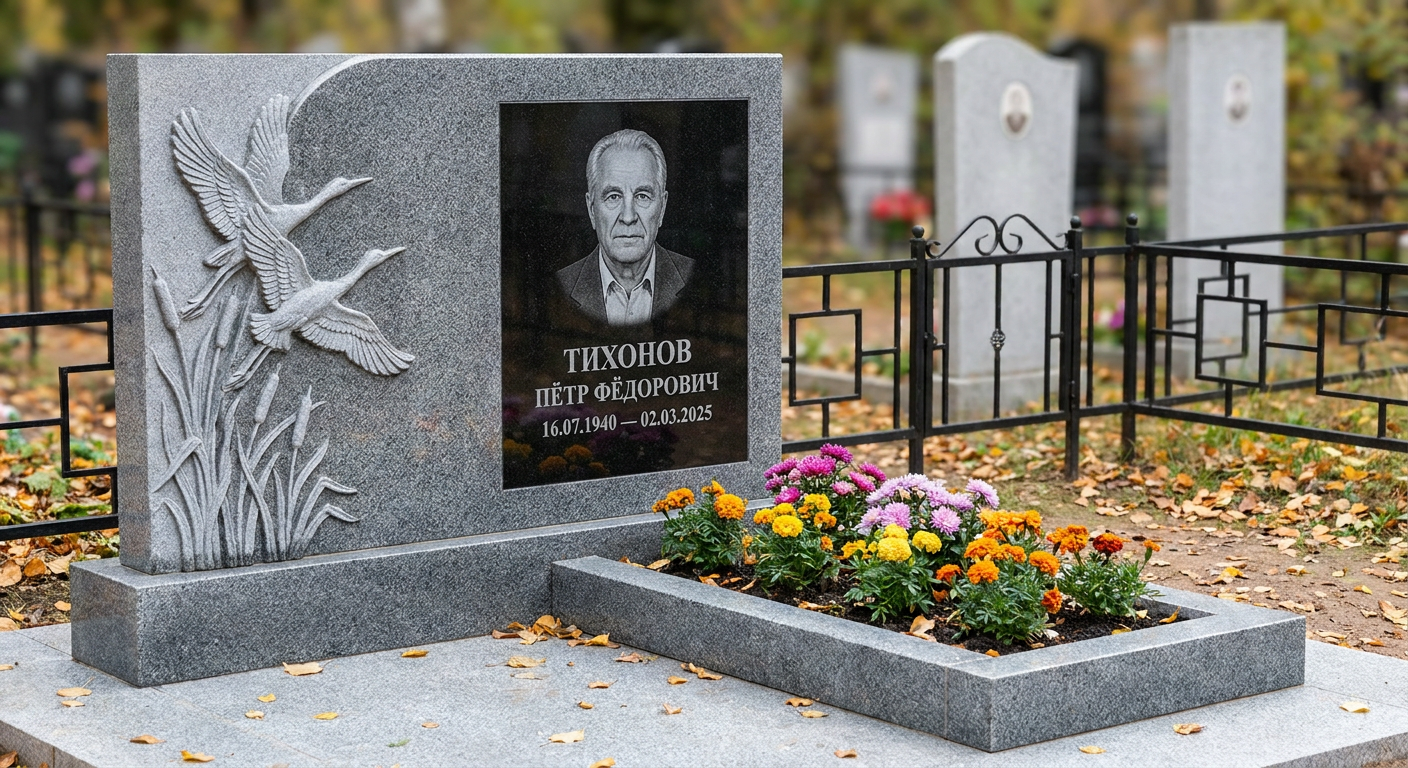 Пример дизайна: памятник с журавлиным клином из серого гранита с портретом