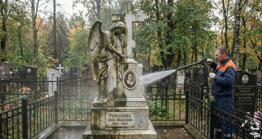 ochistka-mramornogo-nadgrobiya-s-angelom-na-osennem-kladbishche