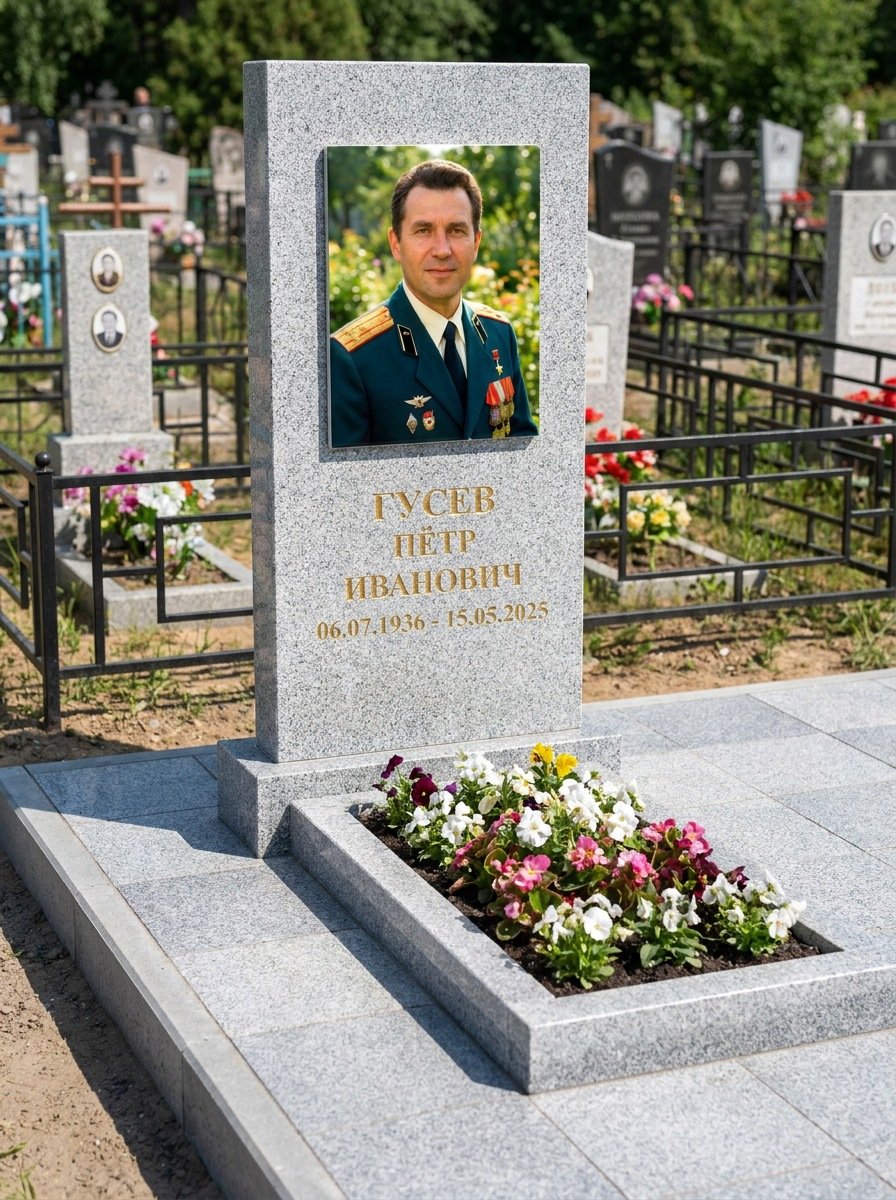 Портрет на памятнике в Иркутске — Прямоугольник на гранитной стеле, ФИО и даты на портрете